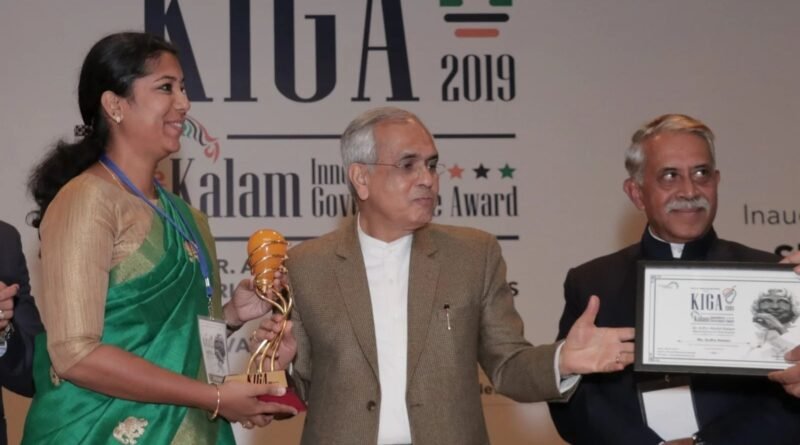 Alt Text: Sudha Ramen IFS receiving the Dr Kalam Innovation in Governance Award in 2019